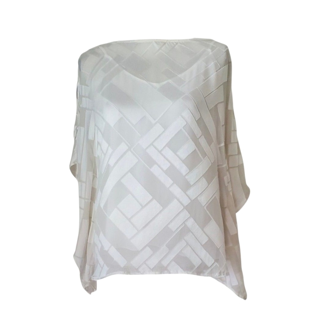 WHBM White Sheer Overlay Geometric Blouse Kimono Sleeve Boat Neck Size M